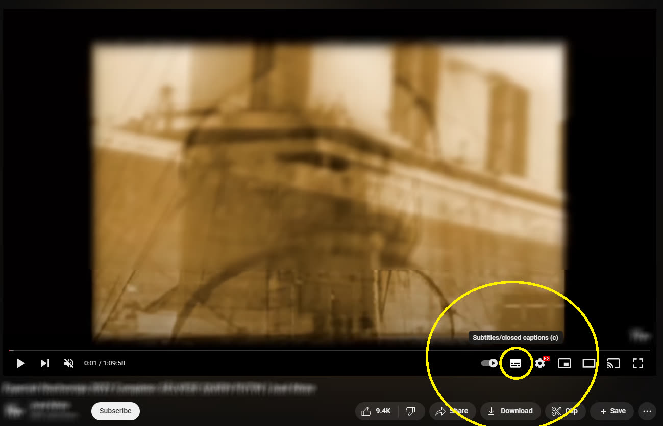 A YouTube video player with the Subtitles/closed captions button circled in the controls.